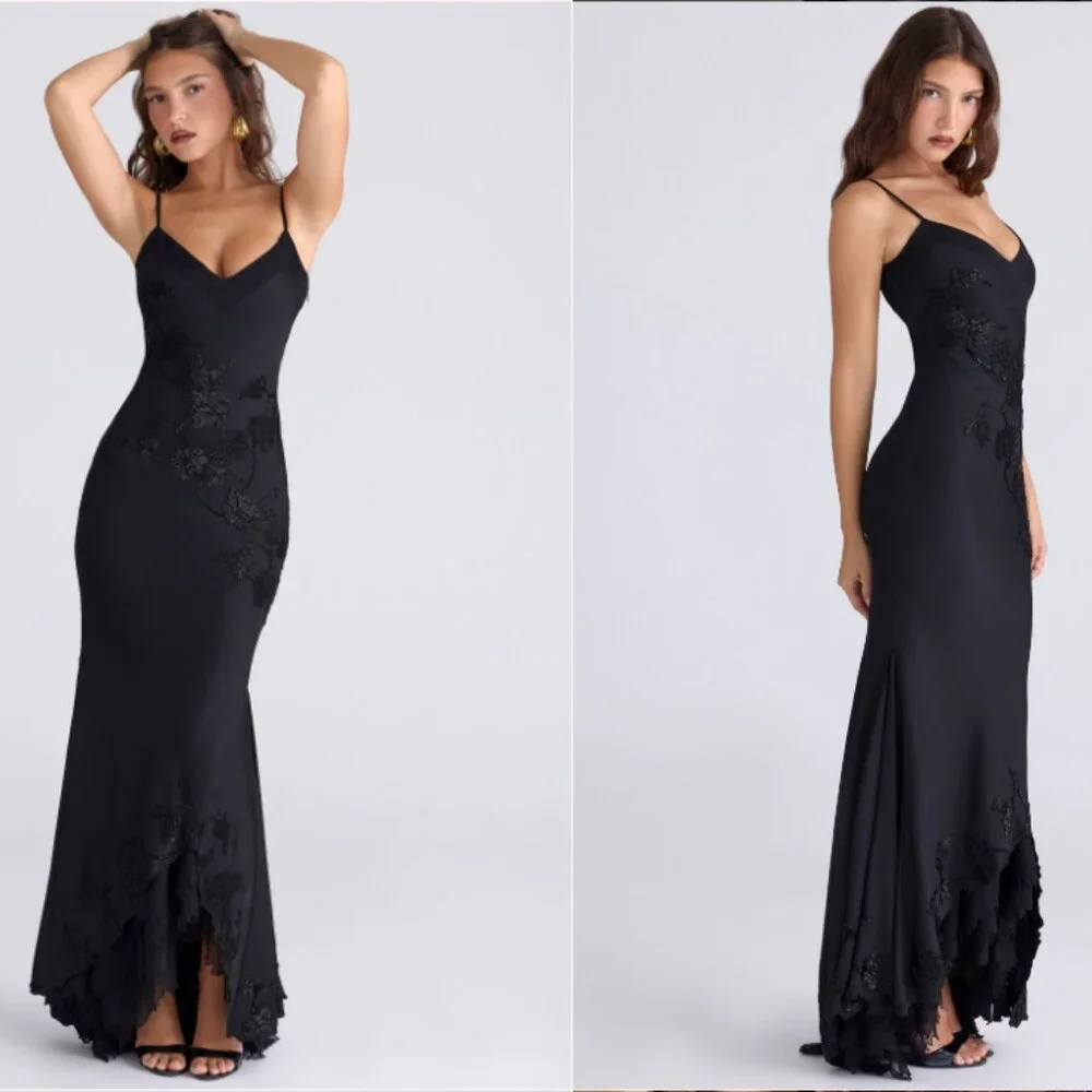 House of CB ANASTELLE Black Hand Beaded Embellished Satin Maxi Dress NWT - Picture 4 of 11